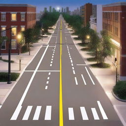 A detailed road complete with traffic signs, street lights, traffic signals, telephone poles, and sidewalks