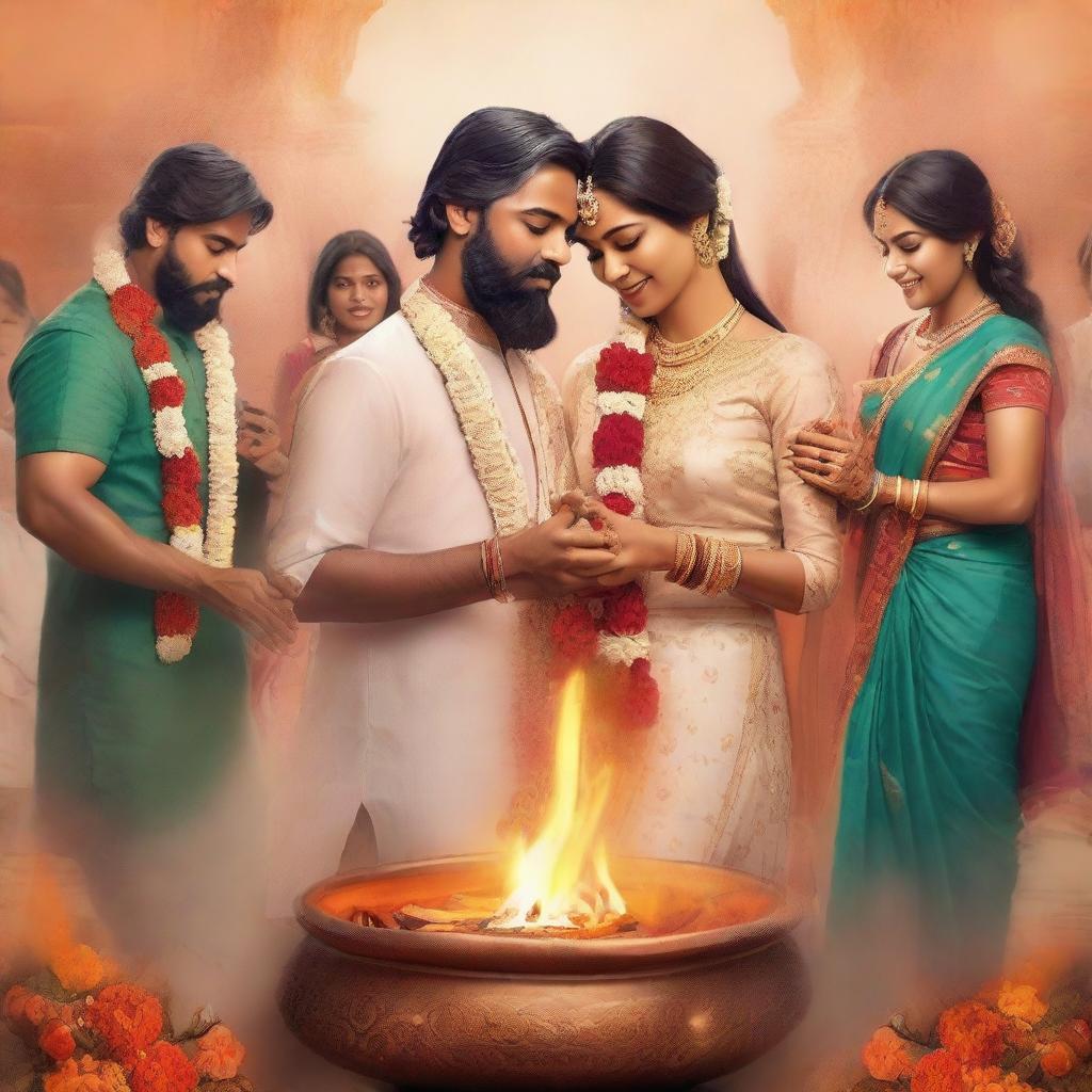 A Wattpad cover depicting an Indian man and woman getting married, performing the seven rounds around the sacred fire