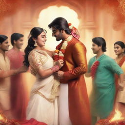 A Wattpad cover depicting an Indian man and woman getting married, performing the seven rounds around the sacred fire