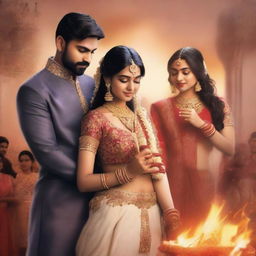 A Wattpad cover depicting an Indian man and woman getting married, performing the seven rounds around the sacred fire