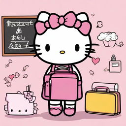 Create an image of Hello Kitty as a mean girl, carrying an academy bag and learning in an academy setting