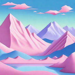 A surreal landscape featuring pink mountains under a clear blue sky