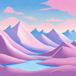 A surreal landscape featuring pink mountains under a clear blue sky