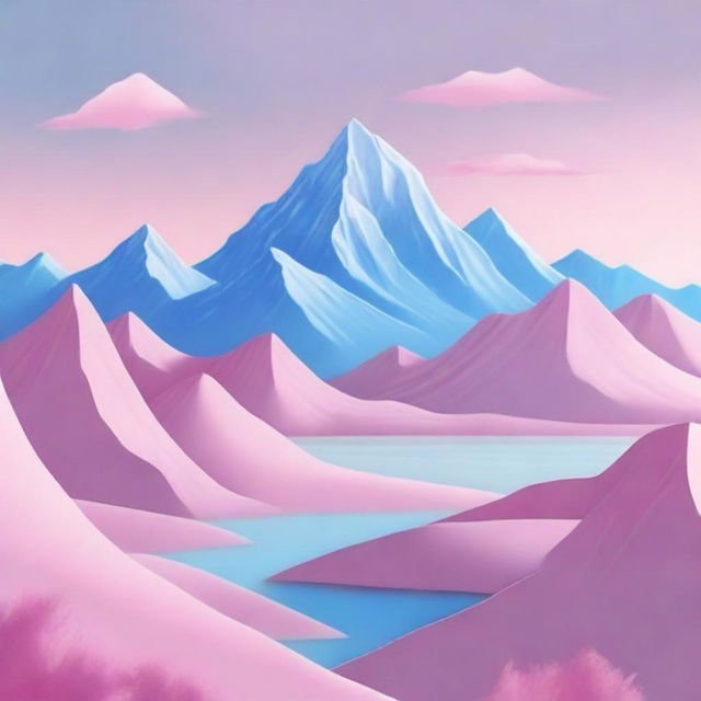 A surreal landscape featuring pink mountains under a clear blue sky