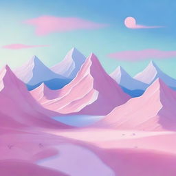 A surreal landscape featuring pink mountains under a clear blue sky