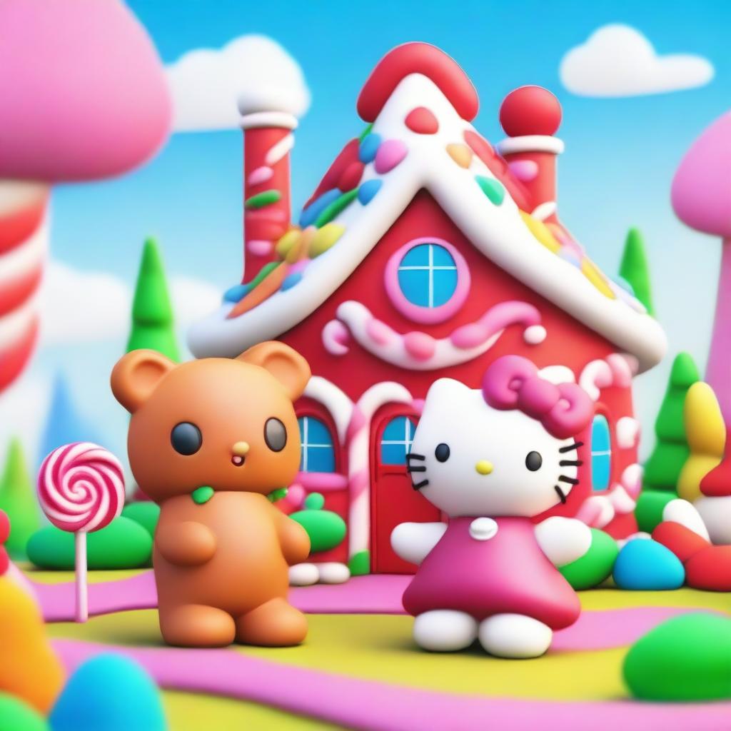 A whimsical and colorful scene featuring a Gummybear and Hello Kitty standing in front of a Candyland house