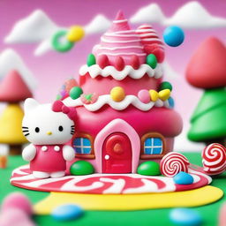 A whimsical and colorful scene featuring a Gummybear and Hello Kitty standing in front of a Candyland house