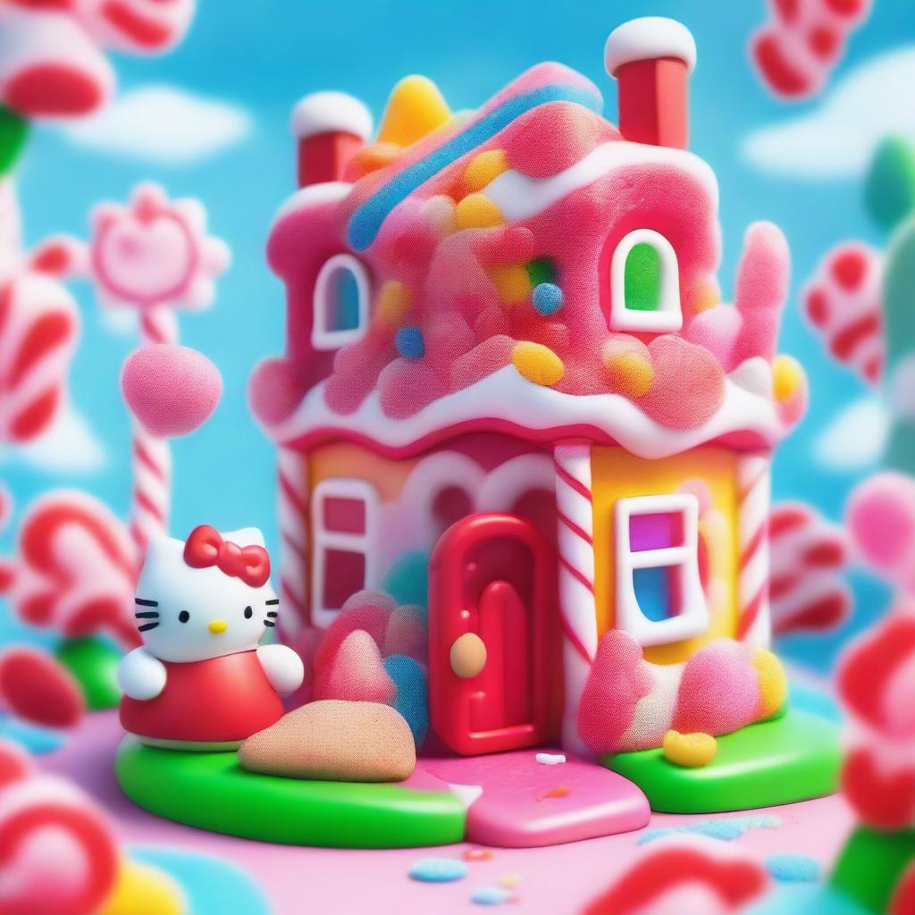 A whimsical and colorful scene featuring a Gummybear and Hello Kitty standing in front of a Candyland house