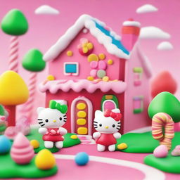 A whimsical and colorful scene featuring a Gummybear and Hello Kitty standing in front of a Candyland house