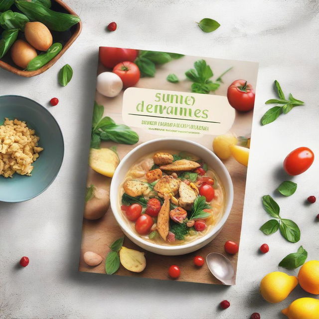 Create an ebook mockup cover for a cookbook titled 'Super Delicious: A Cookbook for the Newly Diagnosed'