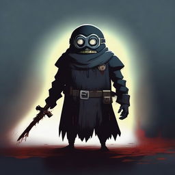 A menacing silent minion with a dark and villainous appearance, standing in a shadowy environment