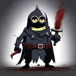 A menacing silent minion with a dark and villainous appearance, standing in a shadowy environment