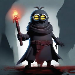 A menacing silent minion with a dark and villainous appearance, standing in a shadowy environment