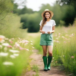 A woman wearing colorful wellies standing in a lush green garden