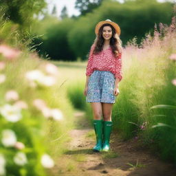 A woman wearing colorful wellies standing in a lush green garden