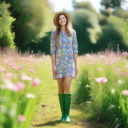 A woman wearing colorful wellies standing in a lush green garden