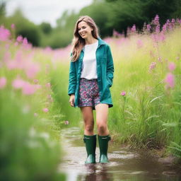 A woman wearing colorful wellies standing in a lush green garden