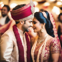 A vibrant and colorful Indian wedding scene with traditional attire, intricate decorations, and joyous celebrations