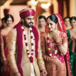 A vibrant and colorful Indian wedding scene with traditional attire, intricate decorations, and joyous celebrations