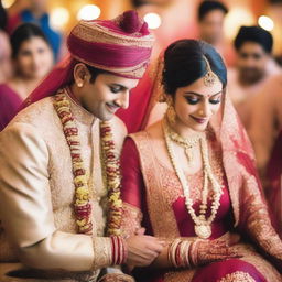 A vibrant and colorful Indian wedding scene with traditional attire, intricate decorations, and joyous celebrations