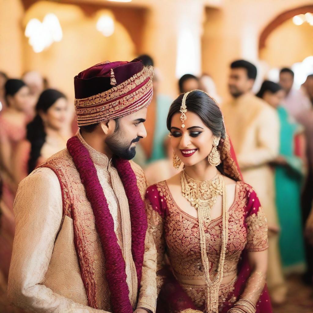 A vibrant and colorful Indian wedding scene with traditional attire, intricate decorations, and joyous celebrations