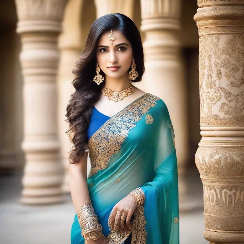 A beautiful woman is posing for the camera, dressed in a traditional blue sari that accentuates her curves