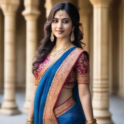 A beautiful woman is posing for the camera, dressed in a traditional blue sari that accentuates her curves