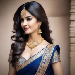 A beautiful woman is posing for the camera, dressed in a traditional blue sari that accentuates her curves