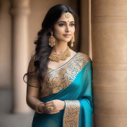 A beautiful woman is posing for the camera, dressed in a traditional blue sari that accentuates her curves