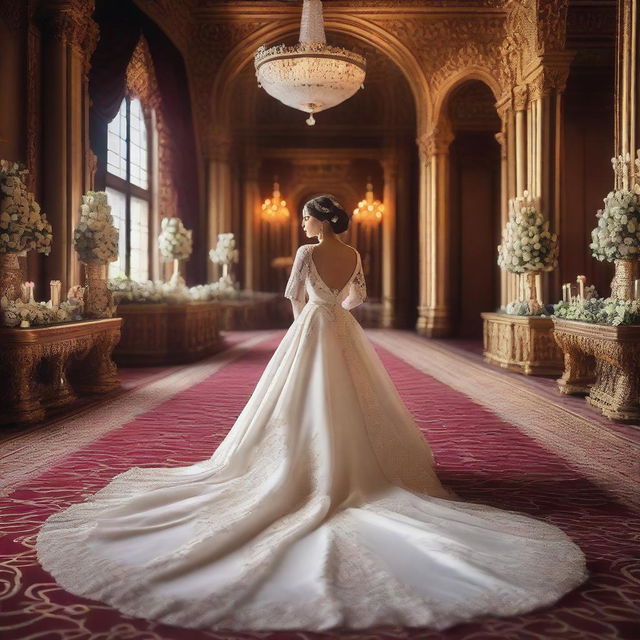 A rich and royal wedding scene with a beautiful bride