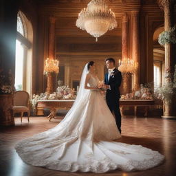 A rich and royal wedding scene with a beautiful bride