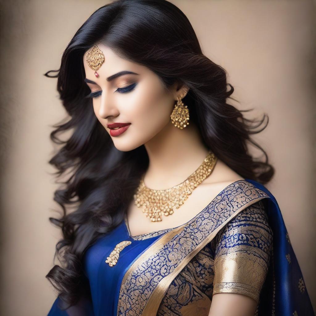 A beautiful woman is posing for the camera, dressed in a traditional blue sari that accentuates her curves