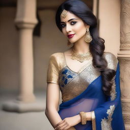 A beautiful woman is posing for the camera, dressed in a traditional blue sari that accentuates her curves