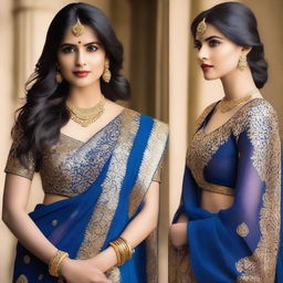 A beautiful woman is posing for the camera, dressed in a traditional blue sari that accentuates her curves