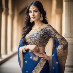 A beautiful woman is posing for the camera, dressed in a traditional blue sari that accentuates her curves