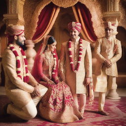 A beautiful Indian royal wedding scene where a very pretty bride is adorned in traditional, luxurious attire