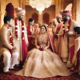 A beautiful Indian royal wedding scene where a very pretty bride is adorned in traditional, luxurious attire