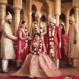 A beautiful Indian royal wedding scene where a very pretty bride is adorned in traditional, luxurious attire