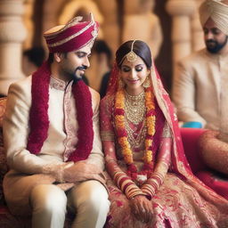 A beautiful Indian royal wedding scene where a very pretty bride is adorned in traditional, luxurious attire