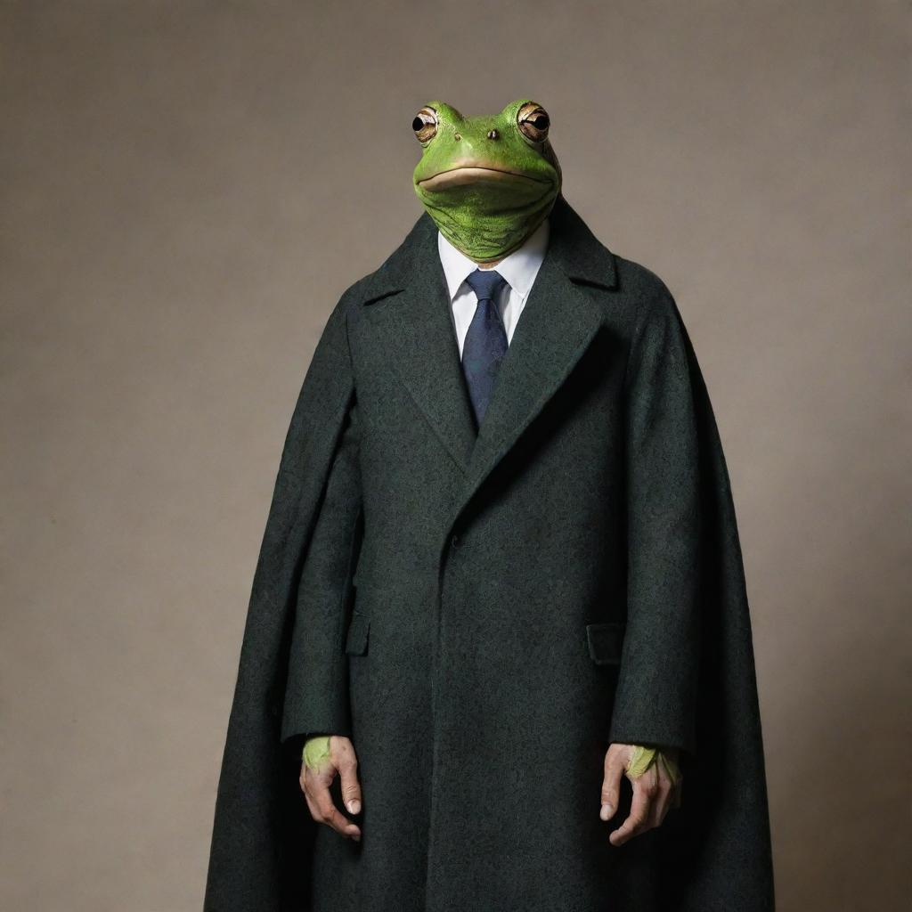 A man with frog-like features wearing a long overcoat