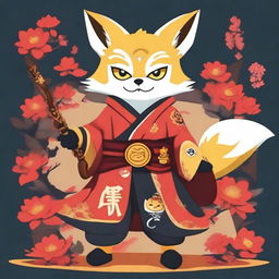 A charming Minion character dressed as a kitsune, wearing a traditional fox mask and holding a fox-themed gun