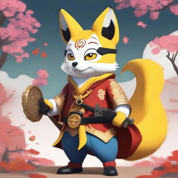 A charming Minion character dressed as a kitsune, wearing a traditional fox mask and holding a fox-themed gun