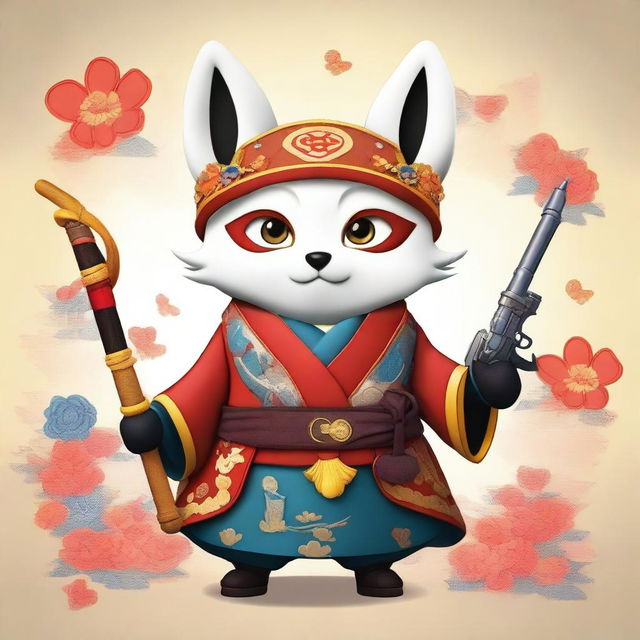 A charming Minion character dressed as a kitsune, wearing a traditional fox mask and holding a fox-themed gun