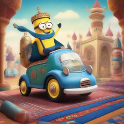 A whimsical scene featuring a sultan minion riding a magical carpet