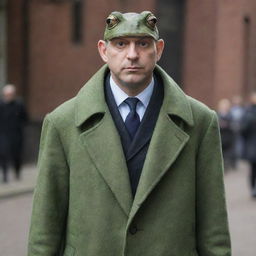 A man with frog-like features wearing a long overcoat