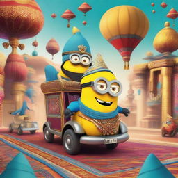 A whimsical scene featuring a sultan minion riding a magical carpet