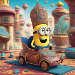 A whimsical scene featuring a sultan minion riding a magical carpet