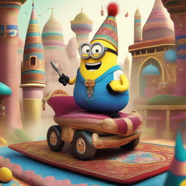 A whimsical scene featuring a sultan minion riding a magical carpet