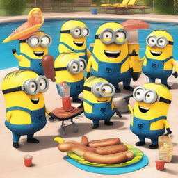 A fun and vibrant scene featuring Minions at a pool party