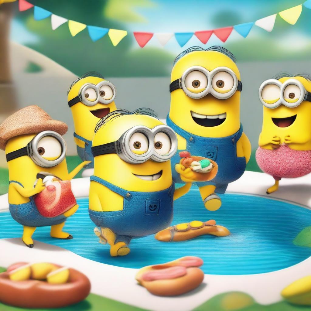 A fun and vibrant scene featuring Minions at a pool party